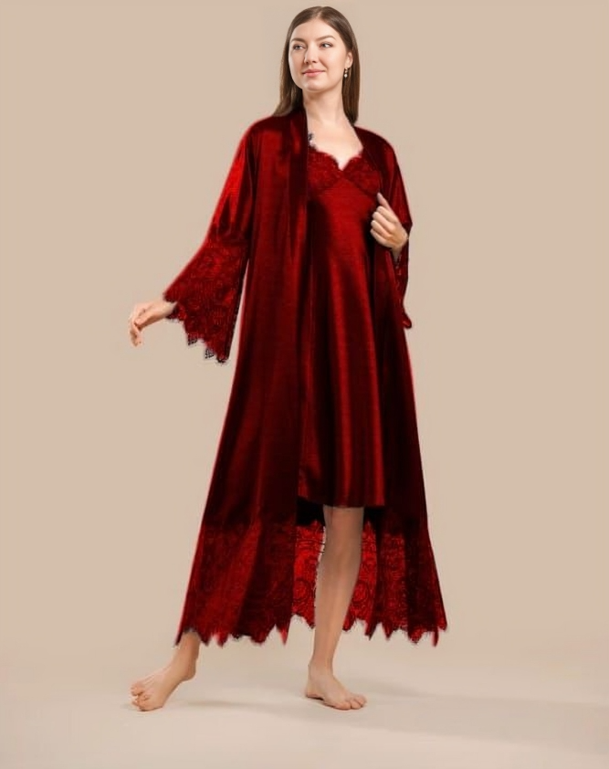 Long Satin & Lace Nightdress & Robe Set (๐Flat 50% Off๐)